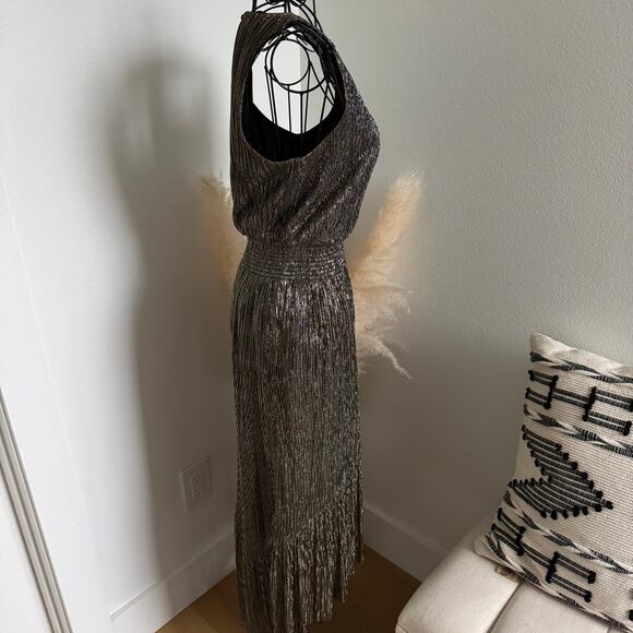 Banana Republic Black Metallic Gold Shimmer High Low Dress Size 4P - Picture 2 of 7